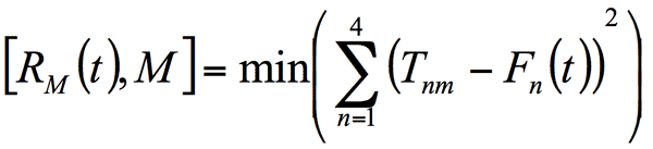 Equation one shows that the set of variables R sub M, which is a function of t, and M are equal to the minimum of the sum, over n from one to four, of the square of T sub n sub m minus F sub n, which is a function of t. The value of the function S of t is equaled to S sub M.